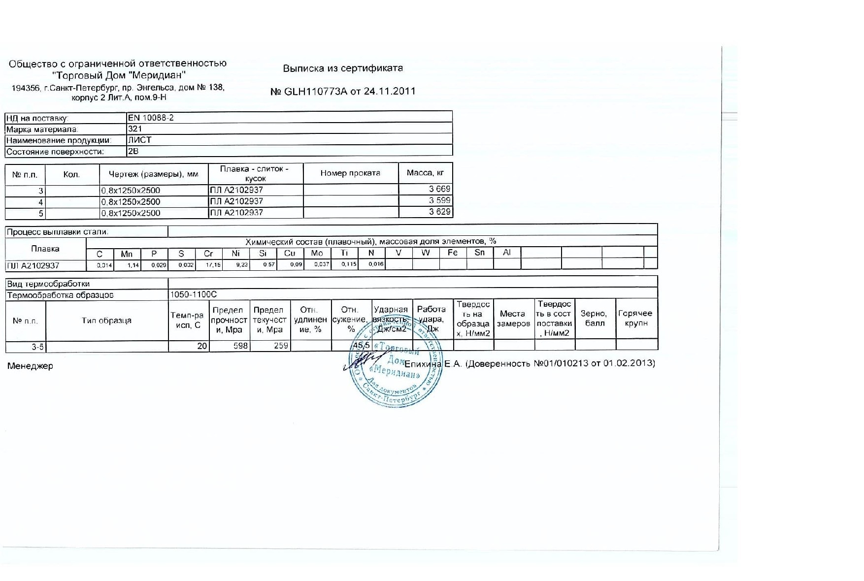 Сертификат на лист стальной нержавеющий 0,8х1250х2500